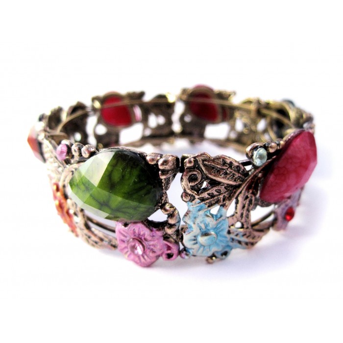 Bunter vintage Armreif in antikgold mit filigranem Blumenmotiv mit Strass Modeschmuck Armreif
