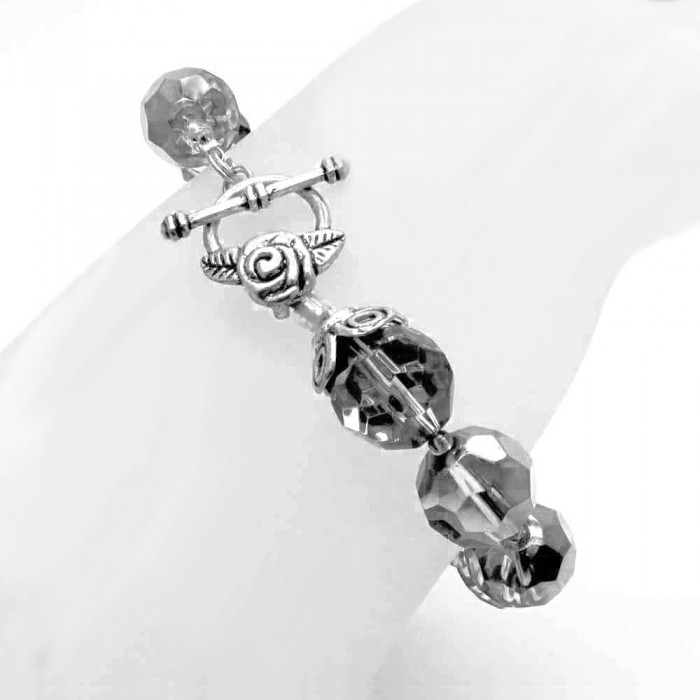Silberfarbenes transparentes Glasarmband / Armkette mit großen Glasperlen Modeschmuck Armband